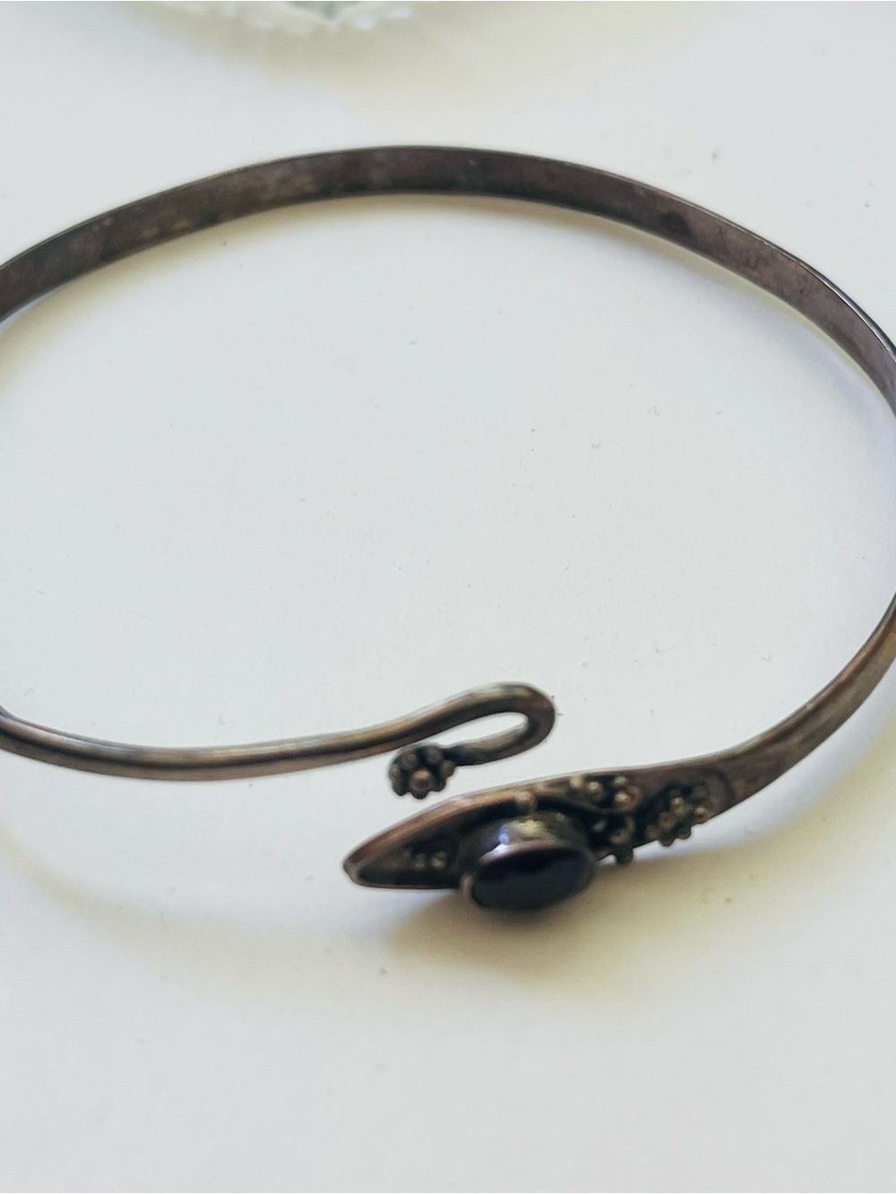 Sterling Silver Floral Hinged Bangle with Dark Stone